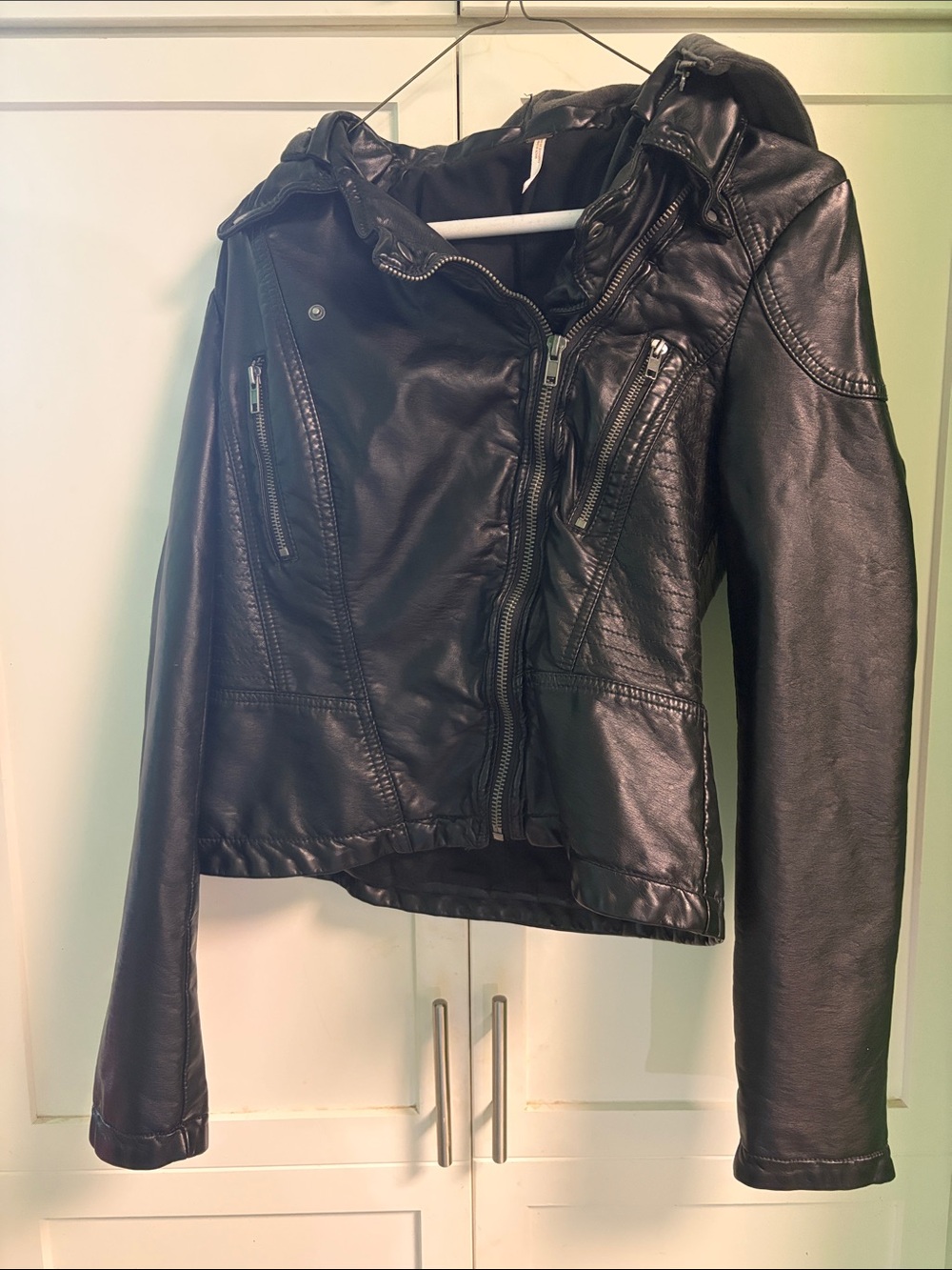 Free People Black Faux Leather Hooded Moto Jacket